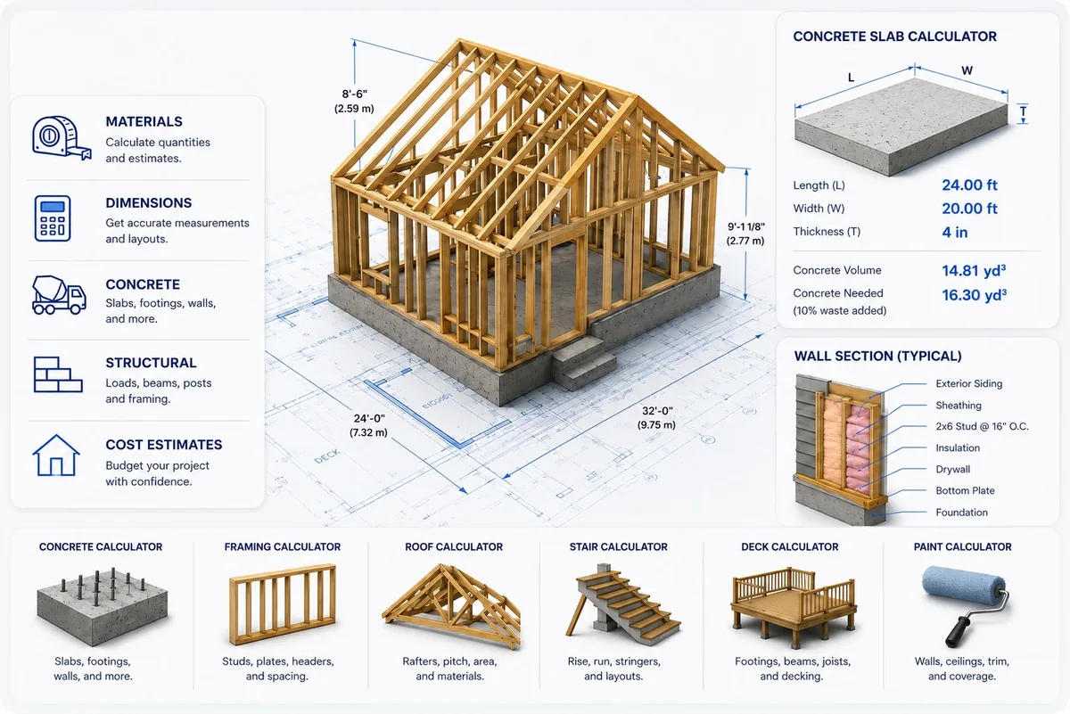 DIY and construction calculators — concrete, framing and more